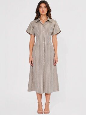 Adelyn Rae Audrey Stripe Cotton Blend Maxi Mocha Button Up Shirt Dress Large NWT
